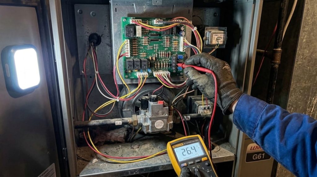 A RayMoore Heating and Air Conditioning technician performs an emergency furnace repair in an Indianapolis home, using a multimeter to diagnose a heating failure in a dark basement.