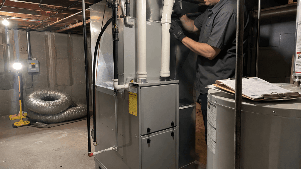 Newly installed basement furnace with a taped permit placard and inspection paperwork meeting HVAC permit requirements in Indianapolis.