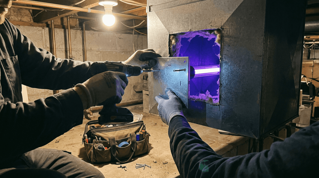 An HVAC technician uses a power drill to install a whole-home UV air purifier inside residential sheet metal ductwork