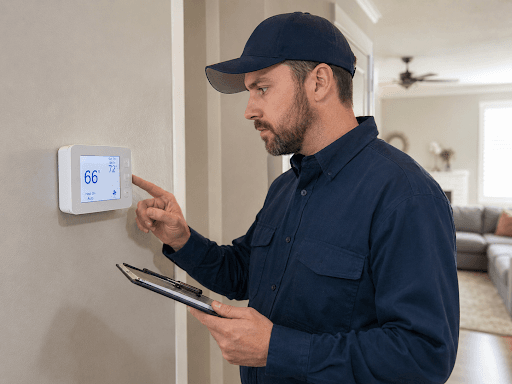 HVAC technician checking a digital thermostat showing a lower room temperature than the set temperature inside a home.